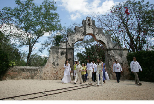 Mrs. Laura Bush and Mrs. Margarita Zavala, wife of President Felipe Calderon walk across the Hacienda Temozon Tuesday, March 13, 2007, during their visit to Temozon Sur. White House photo by Shealah Craighead