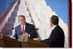 President George W. Bush and Mexico’s President Felipe Calderon appear before reporters Wednesday, March 14, 2007 in Merida, Mexico, during a joint news conference. Mexico is the last stop on President Bush’s five country visit to Latin America. White House photo by Paul Morse