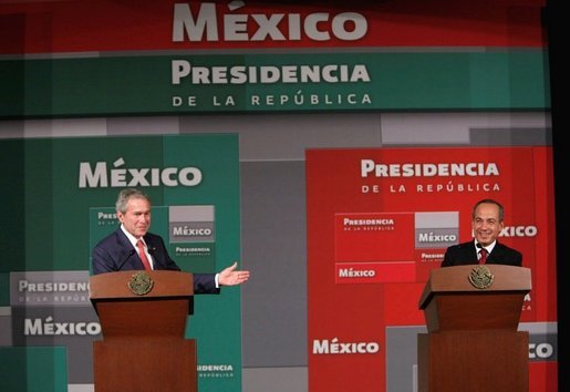 President George W. Bush and Mexico’s President Felipe Calderon appear together Wednesday, March 14, 2007 in Merida, Mexico, during a joint news conference. Mexico is the last stop on President Bush’s five country visit to Latin America. White House photo by Paul Morse