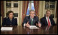 President George W. Bush meets with former U.S. Sec. of Health and Human Services Donna Shalala, left, and former U.S. Sen. Bob Dole, co-chairs of the President's Commission on Care for America's Returning Wounded Warriors, Friday, March 16, 2007 at the White House. White House photo by Eric Draper