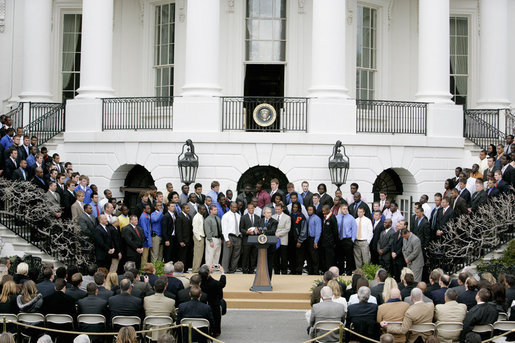 President George W. Bush welcomes the 2006 NCAA football champion University of Florida Gators football team to the White House, Monday, March 19, 2007. White House photo by Joyce Boghosian