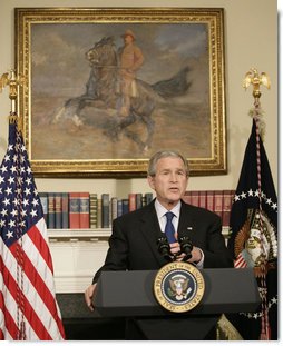 President George W. Bush delivers a statement Monday, March 19, 2007, on the fourth anniversary of the invasion of Iraq. Said the President, "As Iraqis work to keep their commitments, we have important commitments of our own." White House photo by Eric Draper