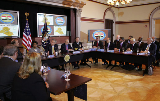 President George W. Bush takes part in a roundtable with Iraq provincial reconstruction team leaders in the Dwight D. Eisenhower Executive Office Building Thursday, March 22, 2007. "We have a remarkable country and we have people from different walks of life, different levels of experience make the decision to serve America by helping a young democracy survive," said the President to the press. "They understand what I understand, and that is success in Iraq is important for the security of the United States." White House photo by Joyce Boghosian