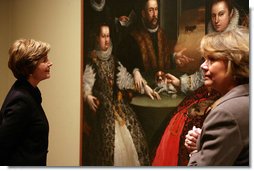 Mrs. Laura Bush takes a close look at a painting during tour an exhibit of Italian Women Artists from Renaissance to Baroque at the National Museum of Women in the Arts Thursday, March 22, 2007, in Washington, D.C. Also pictured is the museum's director Dr. Judy L. Larson. White House photo by Shealah Craighead