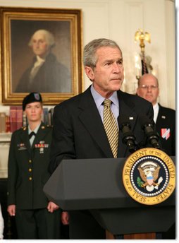 President George W. Bush discusses the Iraq War Emergency Supplemental with the press in the Diplomatic Reception Room Friday, March 23, 2007. "The purpose of the emergency war spending bill I requested was to provide our troops with vital funding. Instead, Democrats in the House, in an act of political theater, voted to substitute their judgment for that of our military commanders on the ground in Iraq," said President Bush. White House photo by Eric Draper