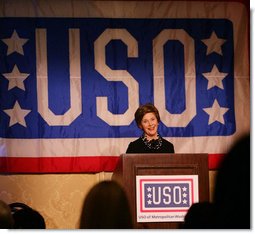 Mrs. Laura Bush addresses her remarks during the 25th Anniversary United Service Organizations (USO) of Metropolitan Washington Annual Awards Dinner in Arlington, Va., March 27, 2007, where Mrs. Bush was presented with the 2007 USO Service Award. White House photo by Shealah Craighead