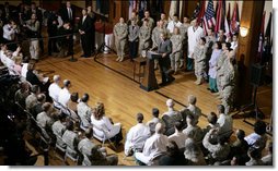 President George W. Bush addresses the medical personnel of Walter Reed Army Medical Center, Friday, March 30, 2007 in Washington, D.C., thanking them for providing extraordinary health care to the people who wear the uniform. President Bush also visited with patients and their family members on his visit to the medical facility. White House photo by Eric Draper