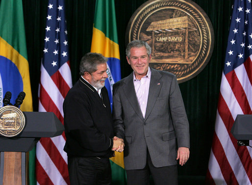 President George W. Bush and Brazilian President Luiz Inacio Lula da Silva shake hands at the conclusion of their joint news conference Saturday, March 31, 2007, at Camp David. White House photo by Joyce Boghosian