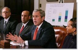 President George W. Bush addresses his remarks to members of the media during a meeting with small business owners, health insurance providers and recently insured individuals on Health Savings Accounts, Monday, April 2, 2007, in the Roosevelt Room at the White House. A report released Monday shows the number of individuals covered by Health Savings Accounts has increased 43 percent over the last year.  White House photo by Joyce N. Boghosian