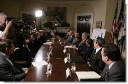 President George W. Bush addresses his remarks to members of the media during a meeting with small business owners, health insurance providers and recently insured individuals on Health Savings Accounts, Monday, April 2, 2007, in the Roosevelt Room at the White House. A report released Monday shows the number of individuals covered by Health Savings Accounts has increased 43 percent over the last year.  White House photo by Joyce N. Boghosian