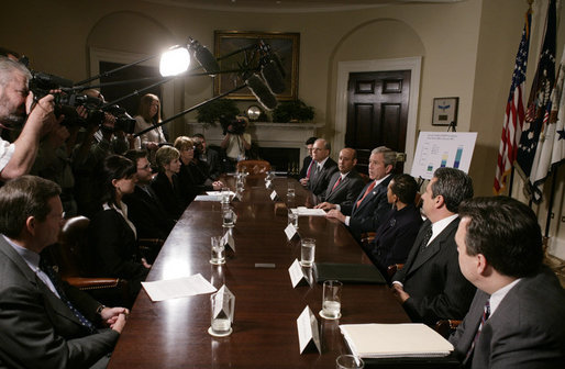 President George W. Bush addresses his remarks to members of the media during a meeting with small business owners, health insurance providers and recently insured individuals on Health Savings Accounts, Monday, April 2, 2007, in the Roosevelt Room at the White House. A report released Monday shows the number of individuals covered by Health Savings Accounts has increased 43 percent over the last year. White House photo by Joyce Boghosian