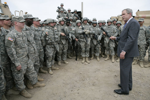 President George W. Bush visits U.S. Army soldiers following a training demonstration at Fort Irwin, Calif., Wednesday, April 4, 2007. White House photo by Eric Draper