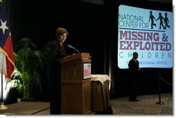 Mrs. Laura Bush delivers remarks Wednesday, April 4, 2007, in Austin, during the announcement of the future opening of the Texas Regional Office of the National Center for Missing and Exploited Children. The center will serve as a regional hub to manage cases throughout the Southwest. White House photo by Shealah Craighead