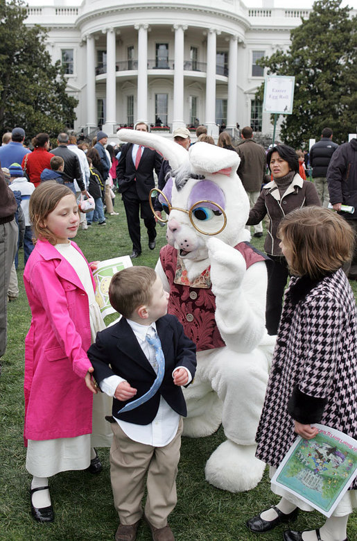 Children gather around a special long-eared White House guest during the during the 2007 White House Easter Egg Roll Monday, April 9, 2007. White House photo by Joyce Boghosian