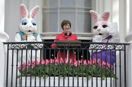 Mrs. Laura Bush addresses South Lawn visitors to the 2007 White House Easter Egg Roll from the Truman Balcony Monday, April 9, 2007. "In Washington, we know spring has arrived when the White House lawn is filled with children for the Easter Egg Roll," said Mrs. Bush. "So thank each one of the children for coming. Thank you for bringing an adult with you." White House photo by Shealah Craighead