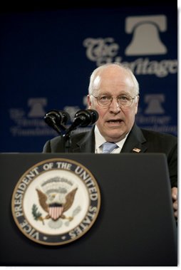 Vice President Dick Cheney delivers remarks to the Heritage Foundation's Annual Leadership Conference Friday, April 13, 2007, in Chicago. During his speech to the members of the conservative research and educational institute, the Vice President addressed the global war on terror and assessed the direction taken during the first 100 days of the newly Democratic controlled Congress.  White House photo by Joyce N. Boghosian