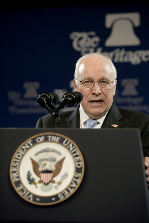 Vice President Dick Cheney delivers remarks to the Heritage Foundation's Annual Leadership Conference Friday, April 13, 2007, in Chicago. During his speech to the members of the conservative research and educational institute, the Vice President addressed the global war on terror and assessed the direction taken during the first 100 days of the newly Democratic controlled Congress. White House photo by Joyce Boghosian