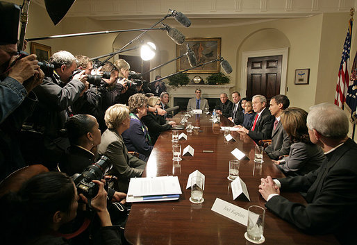 President George W. Bush meets with parochial educational leaders and parents Friday, April 13, 2007, in the Roosevelt Room. "We had the privilege of talking to parents whose lives have been positively affected by our Catholic school system. One of the great assets in the United States is the Catholic schools, which oftentimes educate the so-called hard to educate -- and they do so in such a spectacular way," said President Bush. White House photo by Shealah Craighead