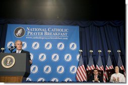 President George W. Bush addresses the National Catholic Prayer Breakfast Friday, April 13, 2007, in Washington, D.C. "Our Declaration of Independence states that our freedom rests on self-evident truths about the dignity of the human person. Throughout our nation's history, Catholic Americans have embraced, sustained, and given their lives to defend these truths," said President Bush. "This morning, we give thanks for the blessings of freedom, and we ask Almighty God to guide us as we renew our founding promise of liberty and justice for all." White House photo by Shealah Craighead