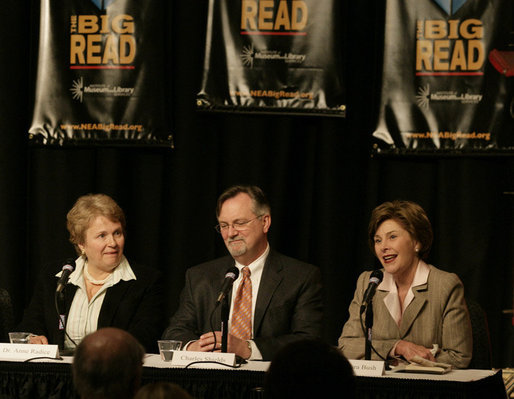 Mrs. Laura Bush participates in a panel discussion on the book ‘To Kill A Mockingbird’ at The Big Read event Monday, April 16, 2007 at the Barnum Museum in Bridgeport, Conn., with Dr. Anne-Imelda Radice, Director, Institute of Museum and Library Services at the Barnum Museum, left, and author Charles Shields, biographer of Harper Lee, the author of 'To Kill A Mockingbird.' White House photo by Shealah Craighead