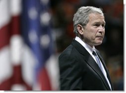 President George W. Bush addresses his remarks during the Convocation Tuesday, April 17, 2007 in Blacksburg, Va., honoring the students, faculty and staff who died or were injured in Monday's tragic shooting at Virginia Tech. President Bush said, "It's impossible to make sense of such violence and suffering."  White House photo by Eric Draper