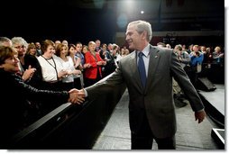 President George W. Bush greets audience members after delivering remarks at Tipp City High School Thursday, April 19, 2007, in Tipp City, Ohio. White House photo by Eric Draper