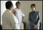 Mrs. Laura Bush talks with 93-year-old restaurant owner Willie Mae Seaton, center, her grandson Ronnie Seaton, Sr., left, and Chef John Besh of Restaurant August at Willie Mae’s Scotch House Thursday, April 19, 2007, in New Orleans, La. The restaurant was destroyed in Hurricane Katrina. White House photo by Shealah Craighead