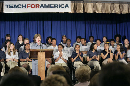 Mrs. Laura Bush delivers remarks at the New Orleans Charter Science and Mathematics High School Thursday, April 19, 2007, in New Orleans, La. "Schools are essential to the recovery that's under way," said Mrs. Bush. "And we know that young people who have suffered trauma heal best when they can resume a normal routine at their own school." White House photo by Shealah Craighead