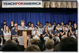 Mrs. Laura Bush delivers remarks at the New Orleans Charter Science and Mathematics High School Thursday, April 19, 2007, in New Orleans, La. "Schools are essential to the recovery that's under way," said Mrs. Bush. "And we know that young people who have suffered trauma heal best when they can resume a normal routine at their own school." White House photo by Shealah Craighead