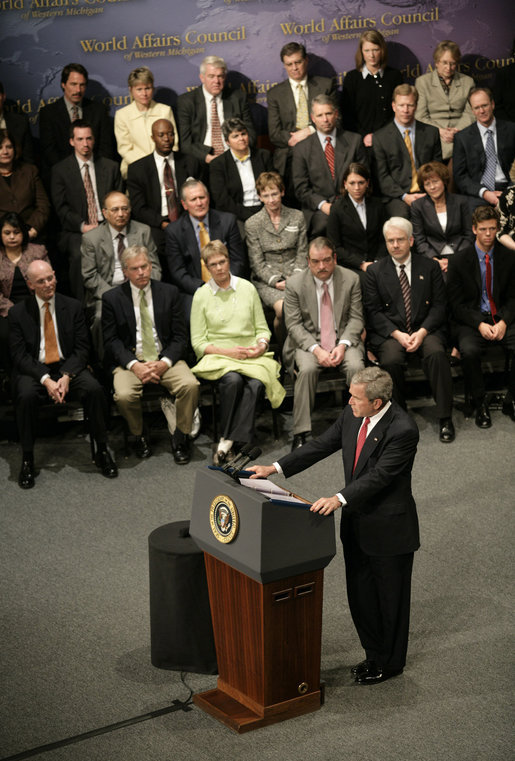 President George W. Bush speaks on the Global War on Terror Friday, April 20, 2007 at East Grand Rapids High School in East Grand Rapids, Mich. During his remarks President Bush said, "We're all interconnected in this world. What happens overseas matters here at home, from a security perspective, but I also believe it matters here at home from the perspective of keeping our spirits strong. It's in the interest of this country that we be engaged in freeing people from tyranny, the tyranny of government and the tyranny of disease and hunger." White House photo by Eric Draper