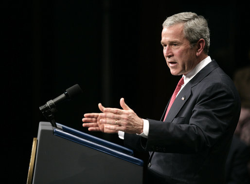 President George W. Bush delivers remarks on the Global War on Terror Friday, April 20, 2007 at East Grand Rapids High School in East Grand Rapids, Mich. White House photo by Eric Draper