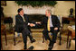 President George W. Bush and President Alan Garcia of Peru share a light moment as they shake hands during a visit Monday, April 23, 2007, in the Oval Office. In the United States to promote free trade between the countries, the Peruvian leader said, "It is important to show the world that a democracy, with investment, leads to development."  White House photo by Eric Draper