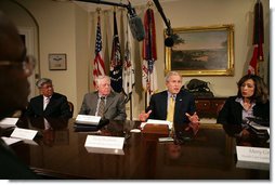 President George W. Bush addresses the press during a meeting about medicare in the Roosevelt Room April 23, 2007. "It took a monumental effort by a lot of citizens around the country to make the options that our seniors were given easy to understand," said President Bush. "In other words, we reformed Medicare and gave seniors a lot of choices, and it took a lot of loving Americans a lot of time to make these choices available for our senior citizens. Now that the plan is in place, 39 million have signed up for it, drug costs are less than anticipated, and the cost to the taxpayer is about $200 billion less than anticipated." White House photo by Eric Draper