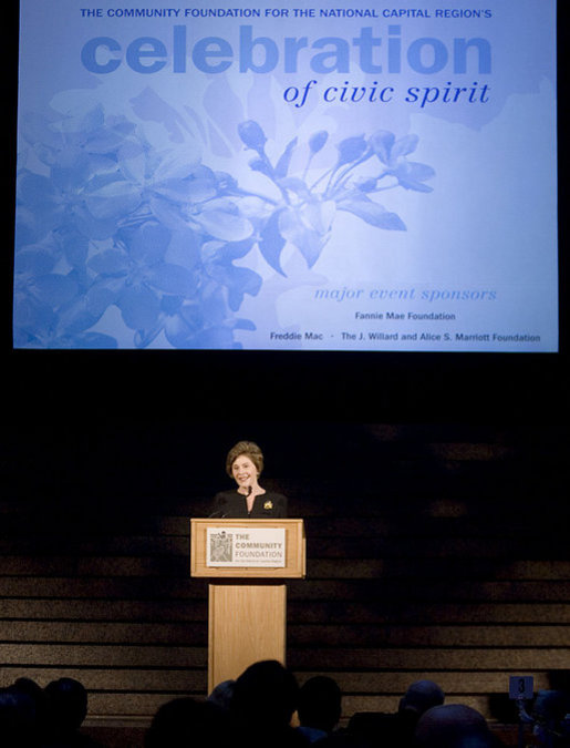 Mrs. Laura Bush addresses the Community Foundation for the National Capital Region's "A Celebration of Civic Spirit" gala Tuesday, April 24, 2007, at the Ronald Reagan Building and International Trade Center in Washington, D.C. "Guided by the Community Foundation, Washington residents give back to their cities through more than 600 charitable funds," said Mrs. Bush. White House photo by Shealah Craighead