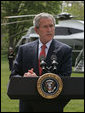 President George W. Bush talks about the legislation introduced by the Democrats yesterday from the South Lawn Tuesday, April 24, 2007. "I know that Americans have serious concerns about this war. People want our troops to come home, and so do I," said the President. "But no matter how frustrating the fight can be and no matter how much we wish the war was over, the security of our country depends directly on the outcome in Iraq. The price of giving up there would be paid in American lives for years to come. It would be an unforgivable mistake for leaders in Washington to allow politics and impatience to stand in the way of protecting the American people." White House photo by Joyce Boghosian