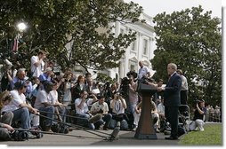 President George W. Bush talks about the legislation introduced by Democrats yesterday from the South Lawn Tuesday, April 24, 2007. "The bill they announced yesterday includes some of the worst parts of the measures they had earlier passed with narrow majorities in the House and the Senate," said President Bush. "They know I'm going to veto a bill containing these provisions, and they know that my veto will be sustained." White House photo by Joyce N. Boghosian