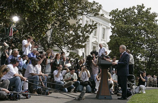 President George W. Bush talks about the legislation introduced by Democrats yesterday from the South Lawn Tuesday, April 24, 2007. "The bill they announced yesterday includes some of the worst parts of the measures they had earlier passed with narrow majorities in the House and the Senate," said President Bush. "They know I'm going to veto a bill containing these provisions, and they know that my veto will be sustained." White House photo by Joyce Boghosian