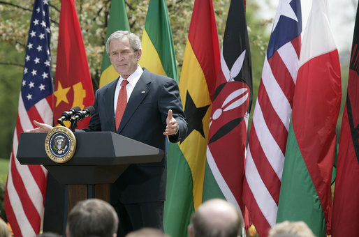 President George W. Bush delivers remarks during a ceremony marking Malaria Awareness Day Wednesday, April 25, 2007, in the Rose Garden. "Today, citizens around the world are making a historic commitment to end malaria. In European capitals, parliaments are debating how their governments can help. In Ontario, Canadians are commemorating their first World Malaria Day by raising money for bed nets for Uganda," said President Bush. "Across the continent of Africa, people are teaching their families, friends, and neighbors how to protect themselves from this deadly disease." White House photo by Eric Draper