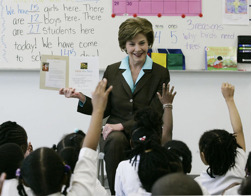 Mrs. Laura Bush talks with first grade students about Malaria Awareness Day and the book ‘Nets are Nice,’ during her visit Wednesday, April 25, 2007 to the Friendship Public Charter School on the Woodridge Elementary and Middle School campus in Washington, D.C. White House photo by Shealah Craighead