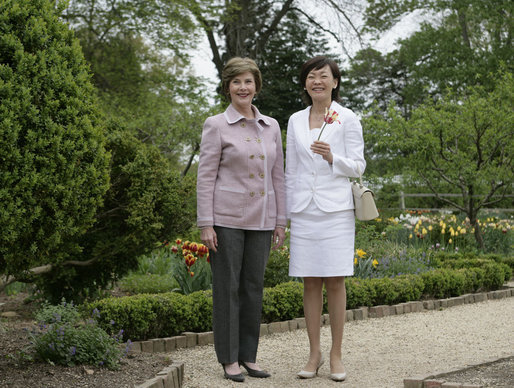 Mrs. Laura Bush and Mrs. Akie Abe, wife of Japanese Prime Minister Shinzo Abe, tour the gardens at the Mount Vernon Estate of George Washington Thursday, April 26, 2007, in Mount Vernon, Va. White House photo by Shealah Craighead