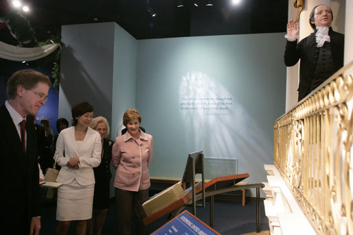 Mrs. Laura Bush and Mrs. Akie Abe, wife of Japanese Prime Minister Shinzo Abe, view an exhibit on the life of George Washington during their tour of the Mount Vernon Estate of Washington Thursday, April 26, 2007, in Mount Vernon, Va. White House photo by Shealah Craighead