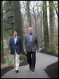 President George W. Bush walks with Prime Minister Shinzo Abe during their meeting Friday, April 27, 2007, at Camp David. Said the President, " We talked about the fact that our alliance -- and it is a global alliance -- is rooted in common values, especially our commitment to freedom and democracy." White House photo by Eric Draper