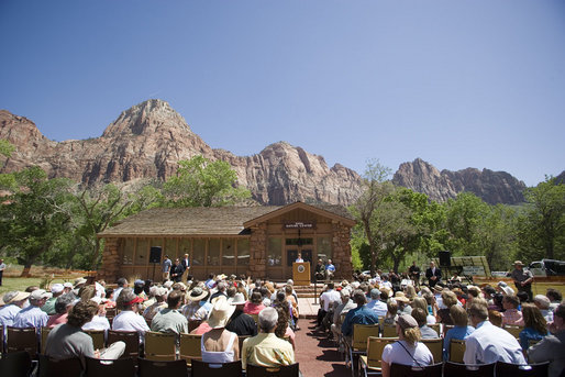 Mrs. Laura Bush delivers remarks, Sunday, April 29, 2007, during the rededication ceremony of the Zion National Park Nature Center in Springdale, Utah. "In Zion's peak season, the park welcomes 11,000 visitors a day," said Mrs. Bush. "They come for the sport of canyoneering. They come to learn about this park's abundant plant life -- from the Utah Beavertail Cactus to the Bigtooth Maple to the Pigsweed Shrub." White House photo by Shealah Craighead