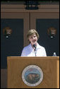 Mrs. Laura Bush delivers remarks Sunday, April 29, 2007, during the rededication ceremony of the Zion National Park Nature Center in Springdale, Utah. "Giving all Americans a sense of responsibility for our shared national heritage is vital to the health of our national parks," said Mrs. Bush. "In 2009, Zion will celebrate a "Century of Sanctuary," to commemorate when these lands were first set aside by President Taft in 1909." White House photo by Shealah Craighead