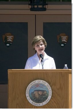 Mrs. Laura Bush delivers remarks Sunday, April 29, 2007, during the rededication ceremony of the Zion National Park Nature Center in Springdale, Utah. "Giving all Americans a sense of responsibility for our shared national heritage is vital to the health of our national parks," said Mrs. Bush. "In 2009, Zion will celebrate a "Century of Sanctuary," to commemorate when these lands were first set aside by President Taft in 1909." White House photo by Shealah Craighead