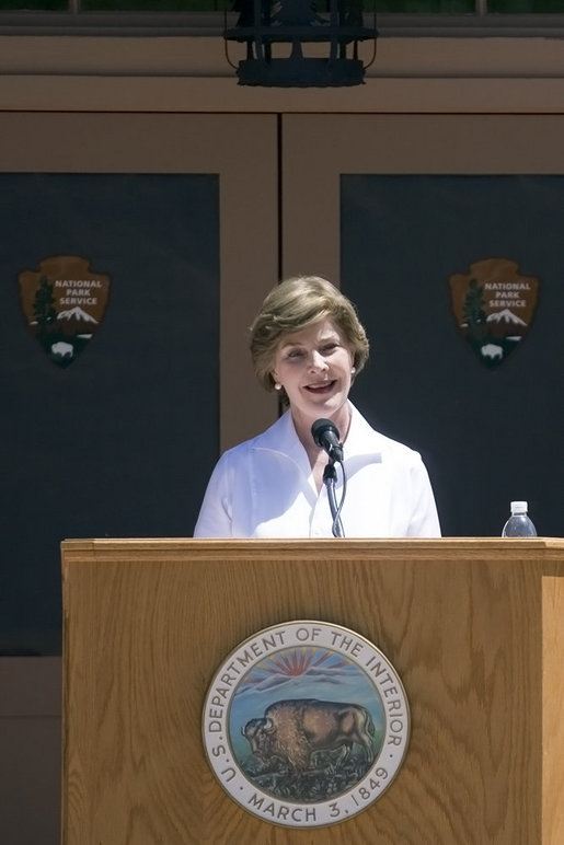 Mrs. Laura Bush delivers remarks Sunday, April 29, 2007, during the rededication ceremony of the Zion National Park Nature Center in Springdale, Utah. "Giving all Americans a sense of responsibility for our shared national heritage is vital to the health of our national parks," said Mrs. Bush. "In 2009, Zion will celebrate a "Century of Sanctuary," to commemorate when these lands were first set aside by President Taft in 1909." White House photo by Shealah Craighead