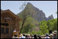 Mrs. Laura Bush delivers remarks, Sunday, April 29, 2007, during the rededication ceremony of the Zion National Park Nature Center in Springdale, Utah. Zion was Utah’s first National Park, originally established as Mukuntuweap National Monument and change to Zion National Monument in 1919. High plateaus, a maze of narrow, deep sandstone canyons and striking rock towers and mesas characterize the park. White House photo by Shealah Craighead