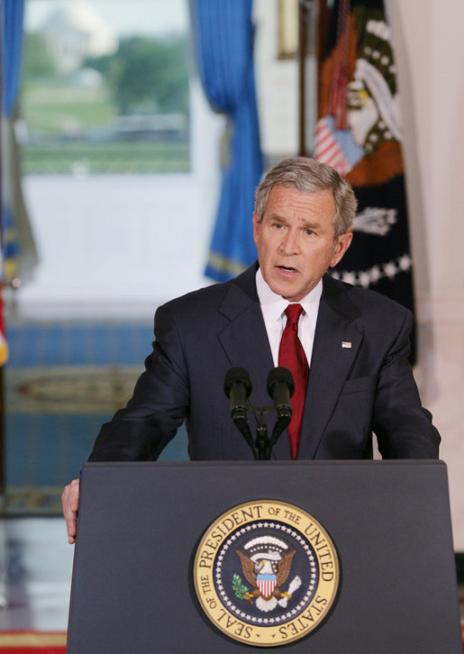 President George W. Bush issues a statement Tuesday, May 1, 2007, regarding his veto of the Iraq War Supplemental. Speaking from Cross Hall in the White House, the President said, "We need to give our troops all the equipment and the training and protection they need to prevail. The need to act is urgent." White House photo by Eric Draper