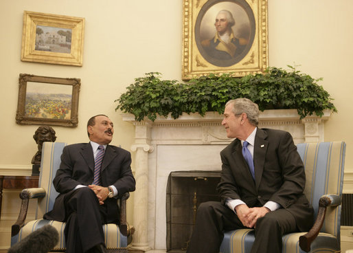 President George W. Bush meets with President Ali Abdullah Saleh of Yemen in the Oval Office Wednesday, May 2, 2007. Said the President, "We had a very good discussion about the neighborhood in which the President lives. And I thanked the President for his strong support in this war against extremists and terrorists." White House photo by Joyce Boghosian