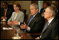 President George W. Bush speaks during a meeting with the bicameral, bipartisan Congressional leadership Wednesday, May 2, 2007, in the Cabinet Room of the White House. Said the President before the meeting, " I thank the leaders from Congress for coming down to discuss the Iraq funding issue. Yesterday was a day that highlighted differences. Today is a day where we can work together to find common ground." White House photo by Eric Draper